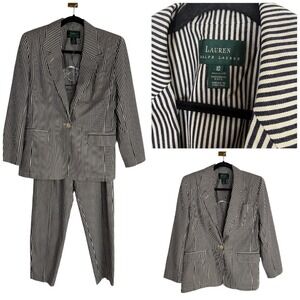 Vintage Lauren Ralph Lauren Women's Pinstripe Cotton Suit Blazer Pants Set 10